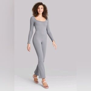 NWT Wild Fable Slate Ribbed Long Sleeve Scoop Neck Flare Jumpsuit Size Small